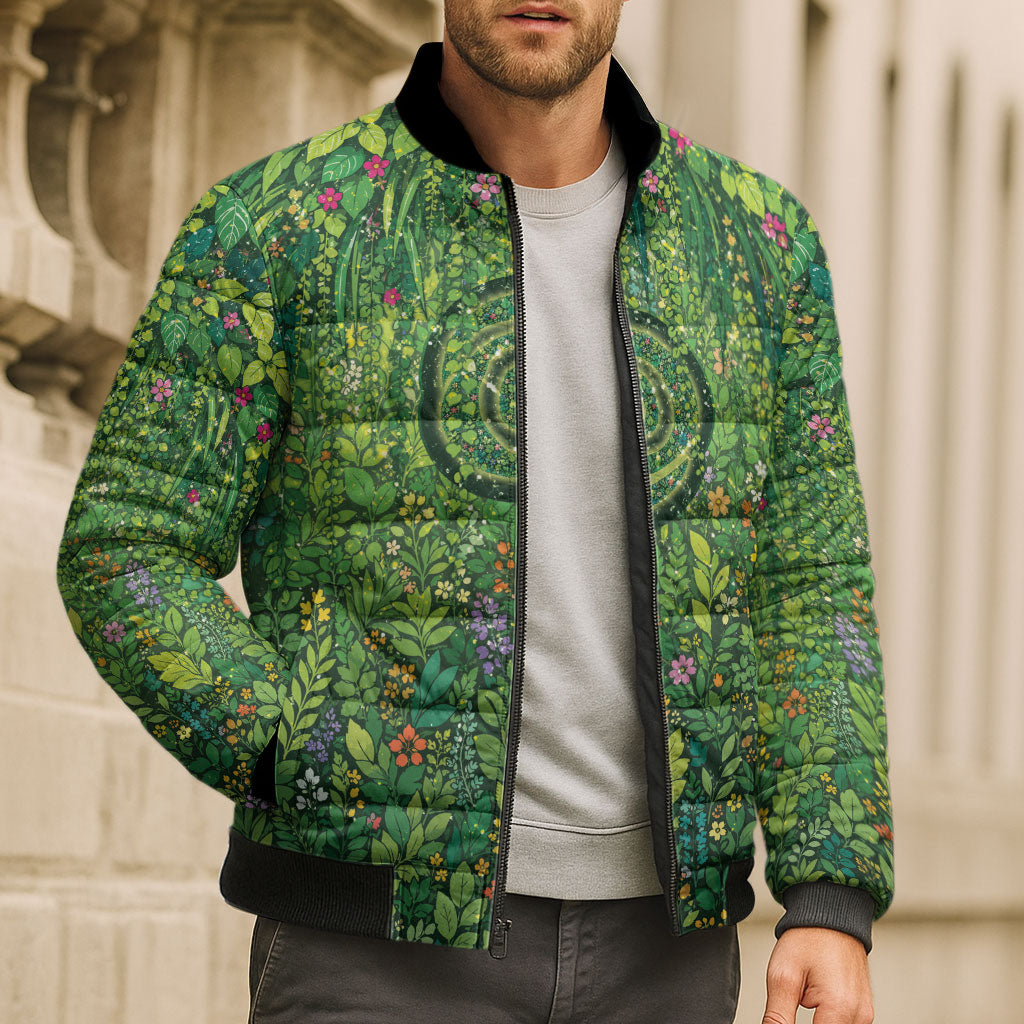 Polynesia Mother Nature Bomber Puffer Jacket Glowing Heart Spiral Tropical Vine Floral