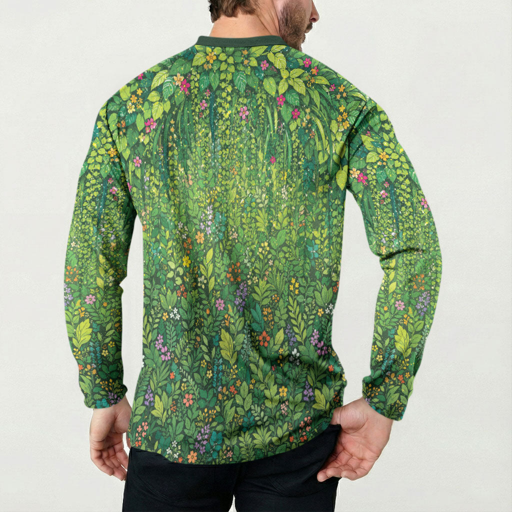 Polynesia Mother Nature Button Sweatshirt Glowing Heart Spiral Tropical Vine Floral