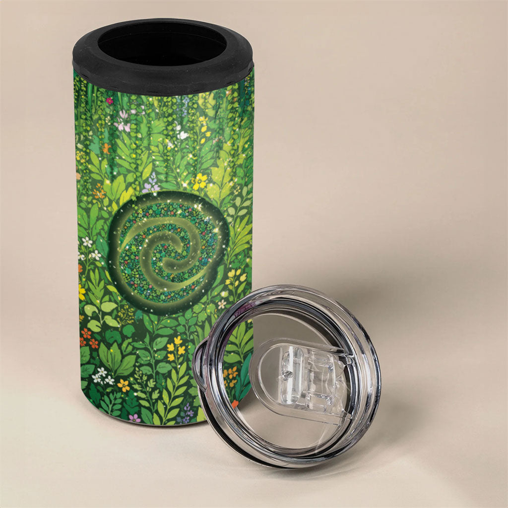 Polynesia Mother Nature 4 in 1 Can Cooler Tumbler Glowing Heart Spiral Tropical Vine Floral