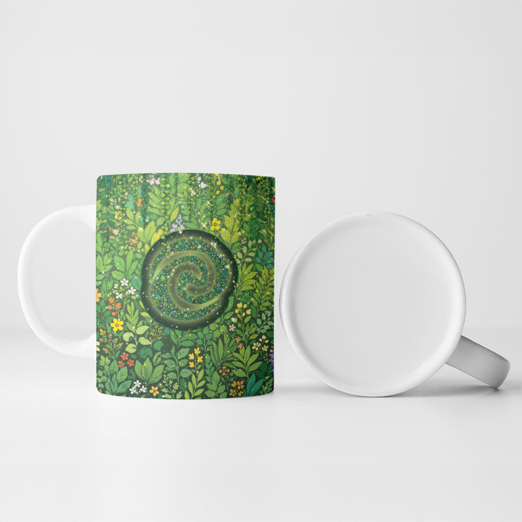 Polynesia Mother Nature Ceramic Mug Glowing Heart Spiral Tropical Vine Floral