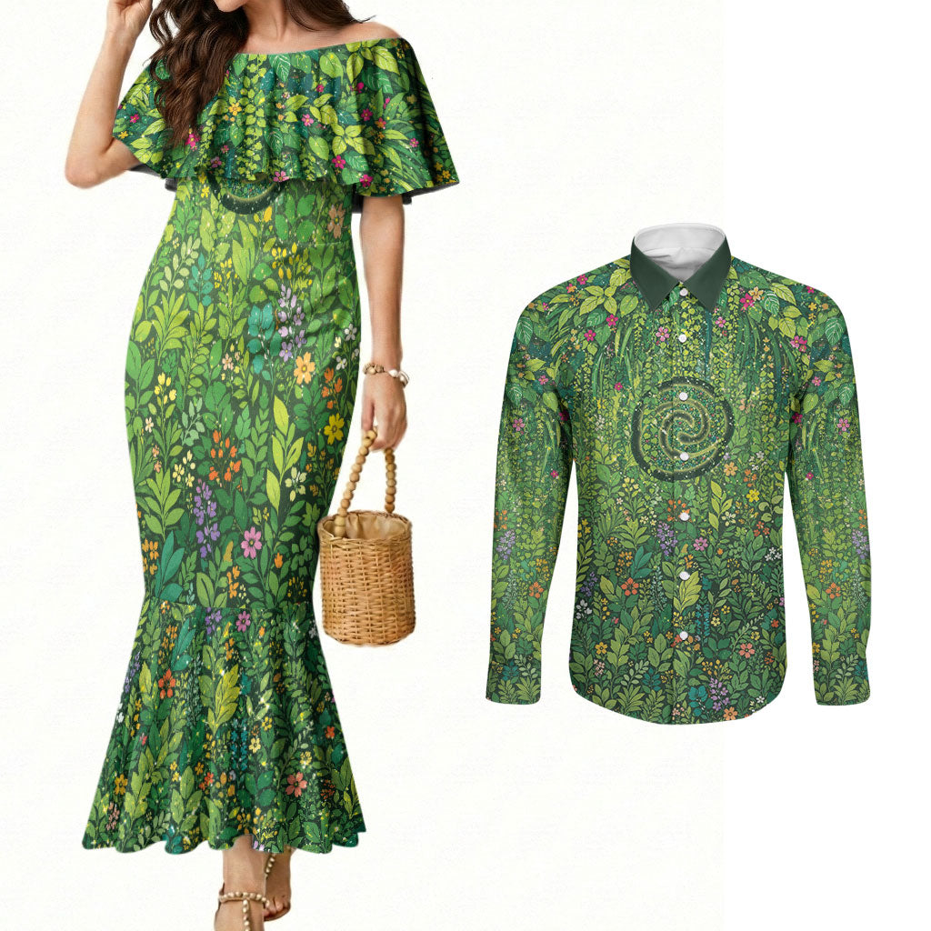 Polynesia Mother Nature Couples Matching Mermaid Dress and Long Sleeve Button Shirt Glowing Heart Spiral Tropical Vine Floral