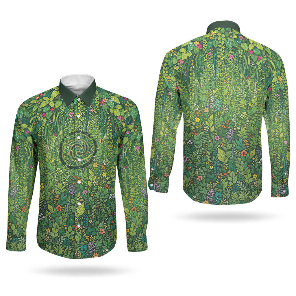 Polynesia Mother Nature Couples Matching Mermaid Dress and Long Sleeve Button Shirt Glowing Heart Spiral Tropical Vine Floral