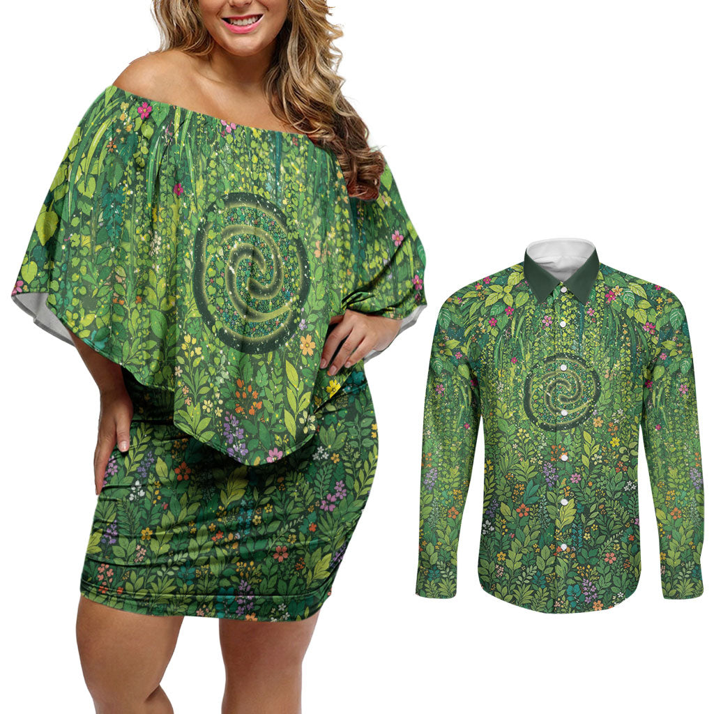 Polynesia Mother Nature Couples Matching Off Shoulder Short Dress and Long Sleeve Button Shirt Glowing Heart Spiral Tropical Vine Floral