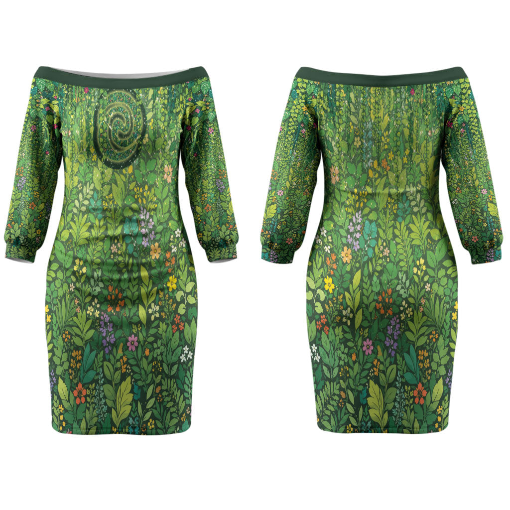 Polynesia Mother Nature Couples Matching Off The Shoulder Long Sleeve Dress and Hawaiian Shirt Glowing Heart Spiral Tropical Vine Floral