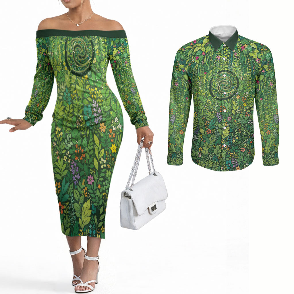 Polynesia Mother Nature Couples Matching Off The Shoulder Long Sleeve Dress and Long Sleeve Button Shirt Glowing Heart Spiral Tropical Vine Floral