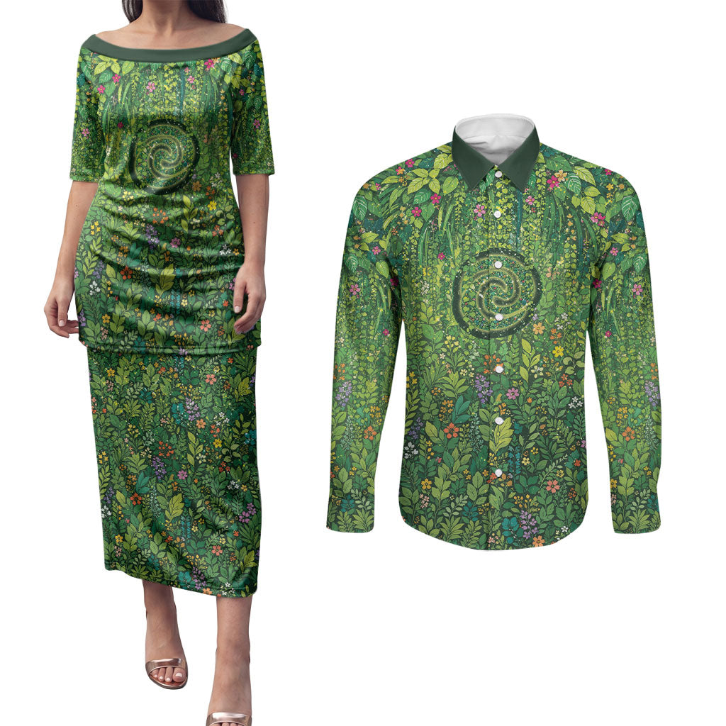 Polynesia Mother Nature Couples Matching Puletasi and Long Sleeve Button Shirt Glowing Heart Spiral Tropical Vine Floral