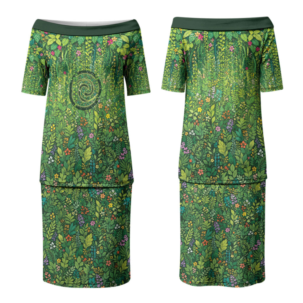 Polynesia Mother Nature Couples Matching Puletasi and Long Sleeve Button Shirt Glowing Heart Spiral Tropical Vine Floral