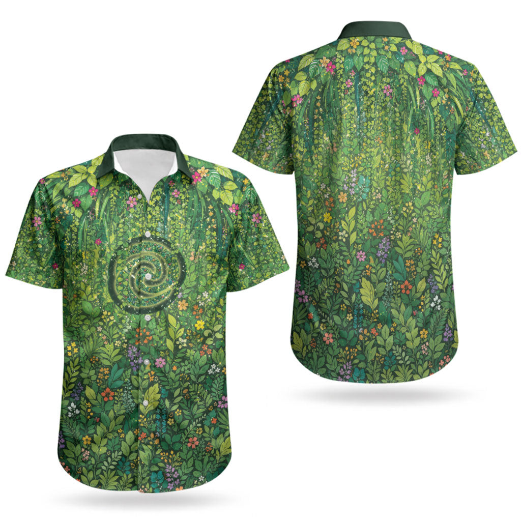 Polynesia Mother Nature Couples Matching Short Sleeve Bodycon Dress and Hawaiian Shirt Glowing Heart Spiral Tropical Vine Floral