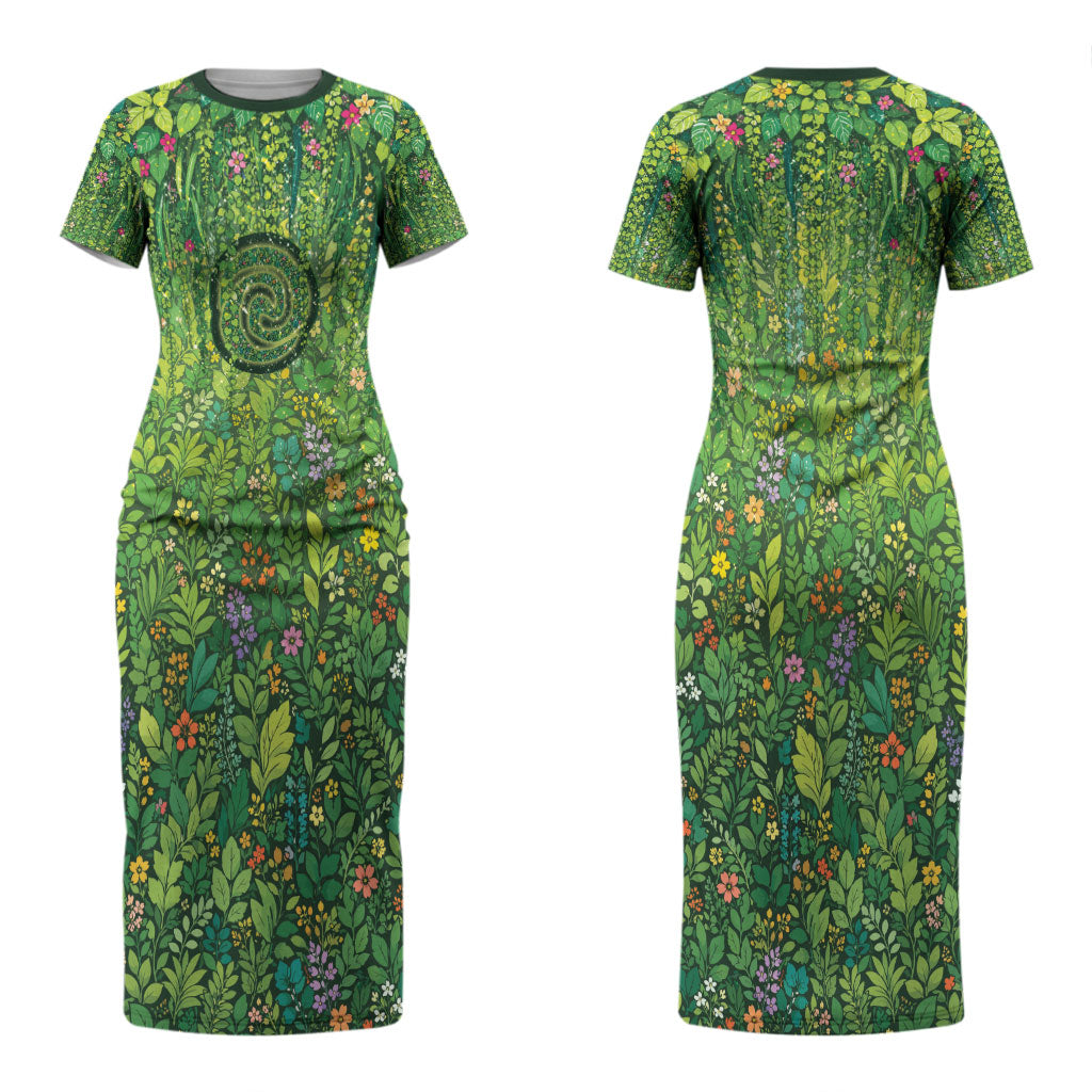 Polynesia Mother Nature Couples Matching Short Sleeve Bodycon Dress and Long Sleeve Button Shirt Glowing Heart Spiral Tropical Vine Floral