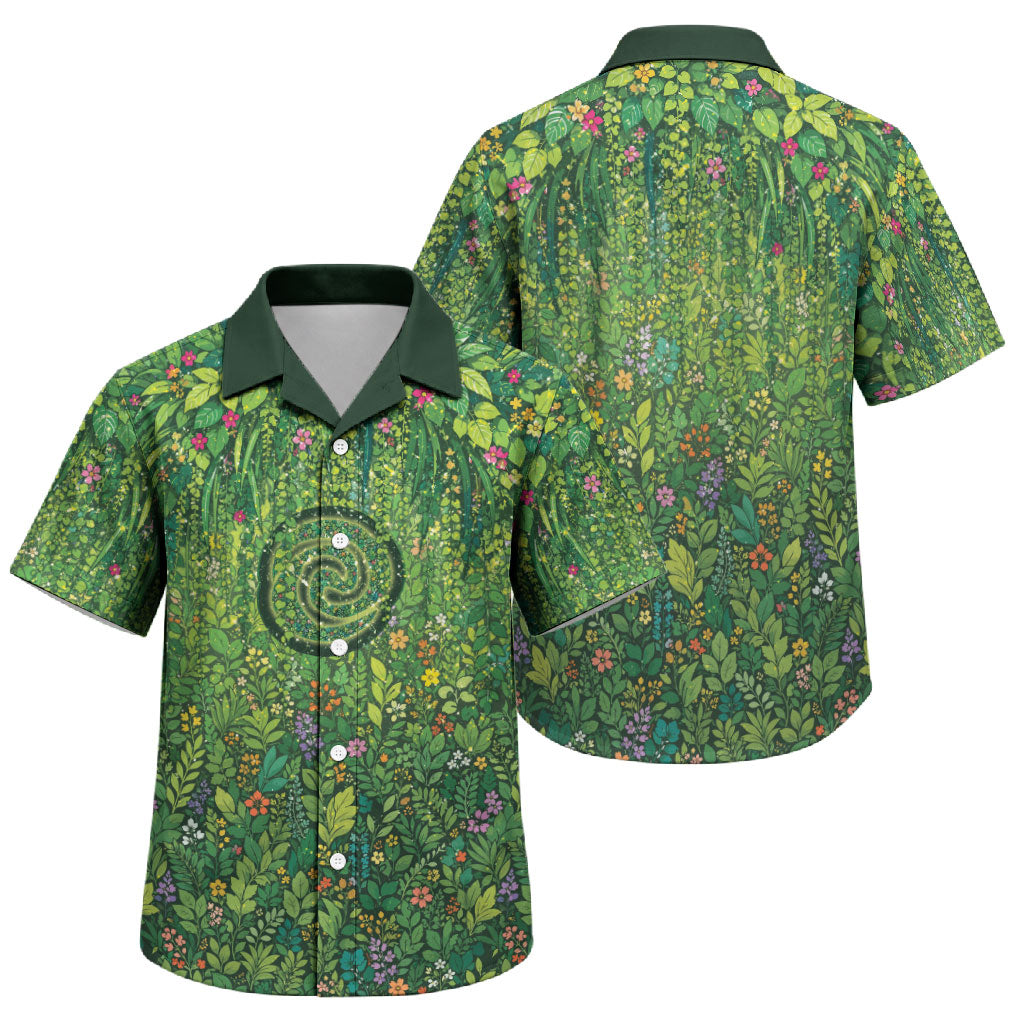 Polynesia Mother Nature Family Matching Off Shoulder Short Dress and Hawaiian Shirt Glowing Heart Spiral Tropical Vine Floral