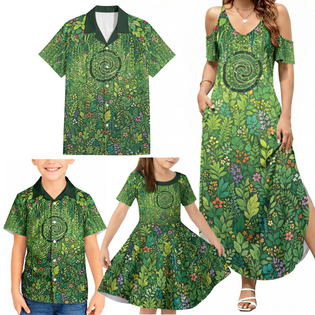 Polynesia Mother Nature Family Matching Summer Maxi Dress and Hawaiian Shirt Glowing Heart Spiral Tropical Vine Floral
