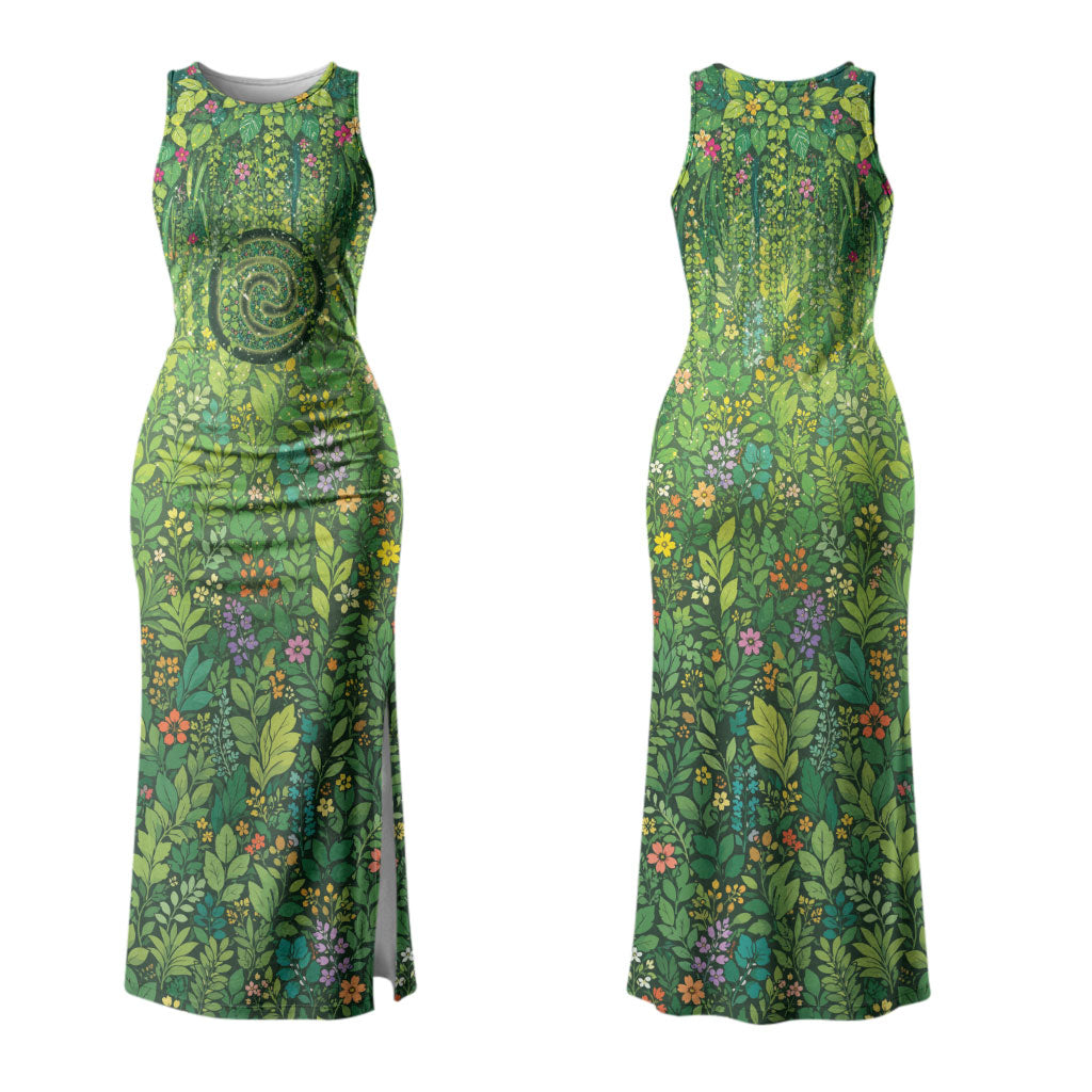 Polynesia Mother Nature Family Matching Tank Maxi Dress and Hawaiian Shirt Glowing Heart Spiral Tropical Vine Floral