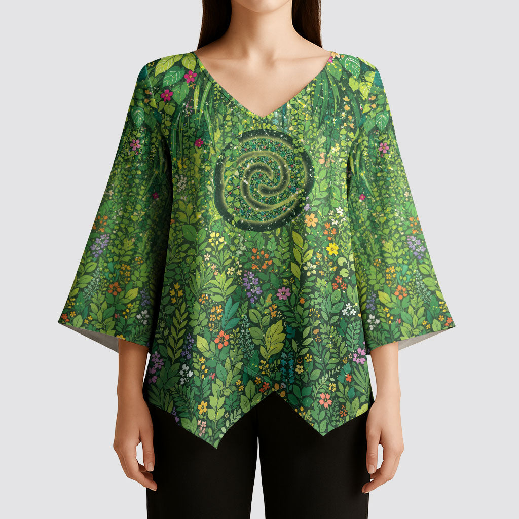 Polynesia Mother Nature Kimono Sleeve Blouse Glowing Heart Spiral Tropical Vine Floral