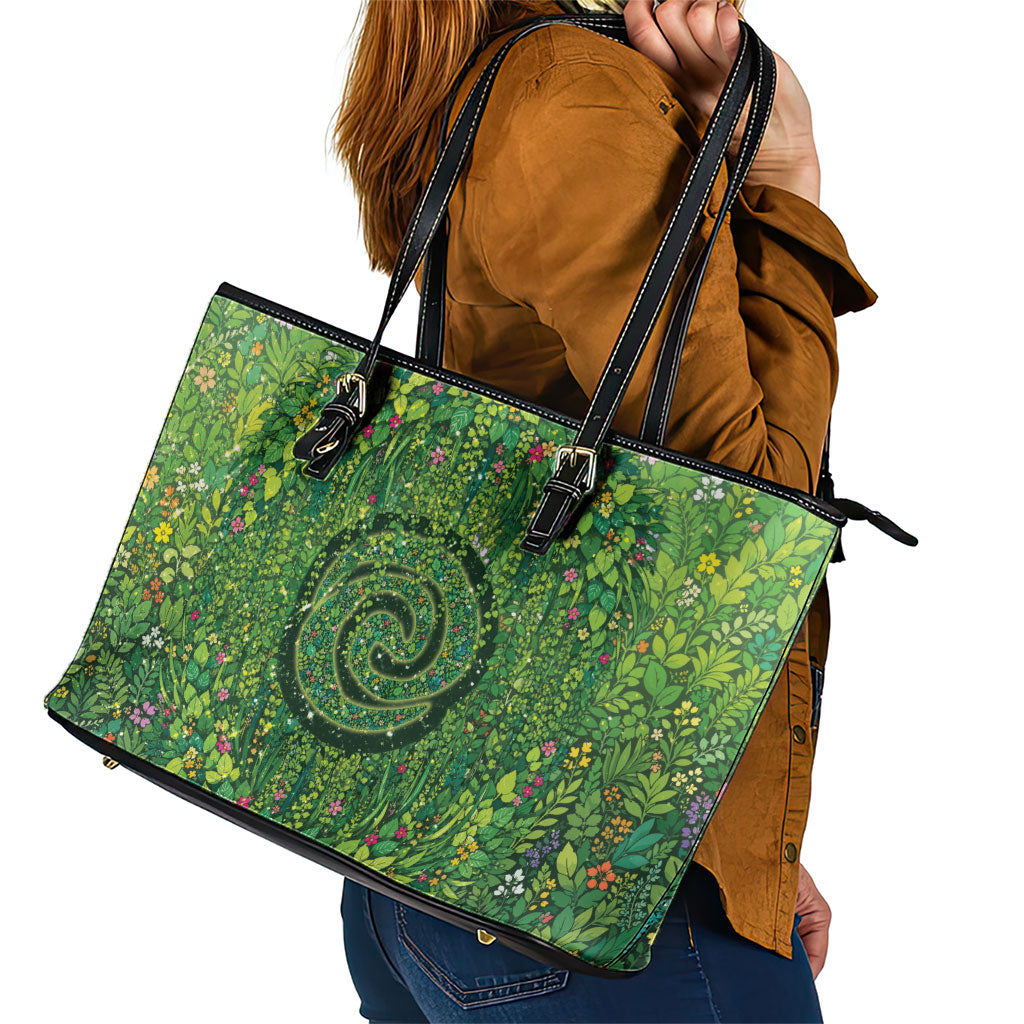Polynesia Mother Nature Leather Tote Bag Glowing Heart Spiral Tropical Vine Floral