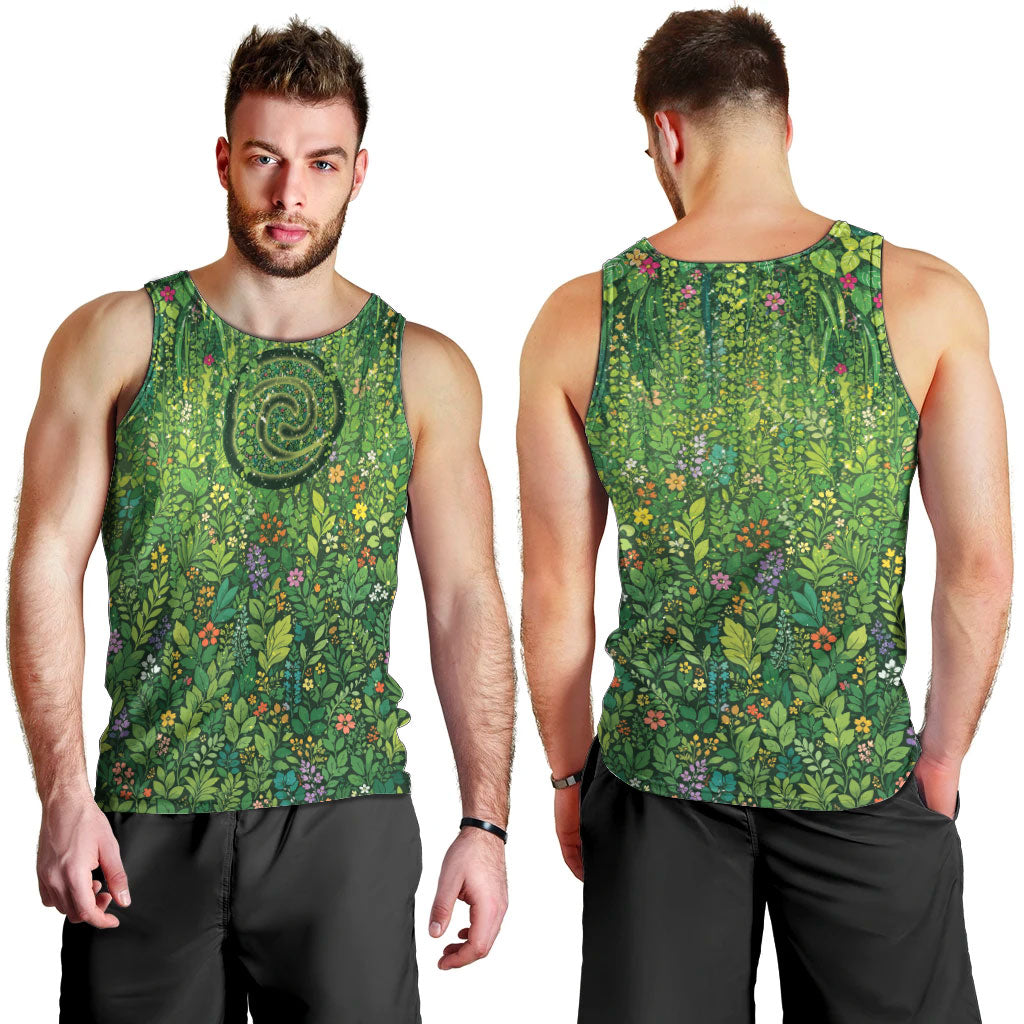 Polynesia Mother Nature Men Tank Top Glowing Heart Spiral Tropical Vine Floral