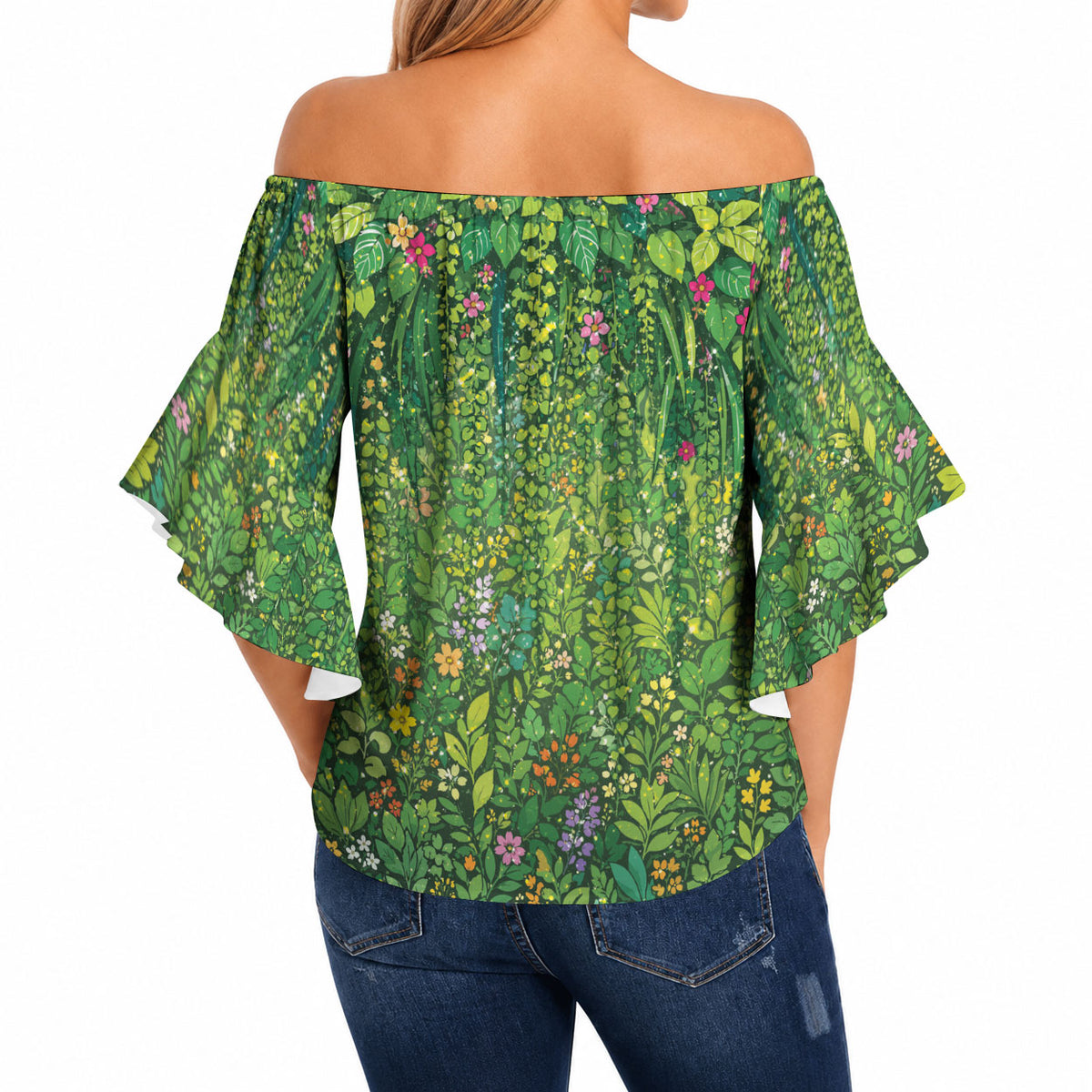 Polynesia Mother Nature Off Shoulder Wrap Waist Top Glowing Heart Spiral Tropical Vine Floral