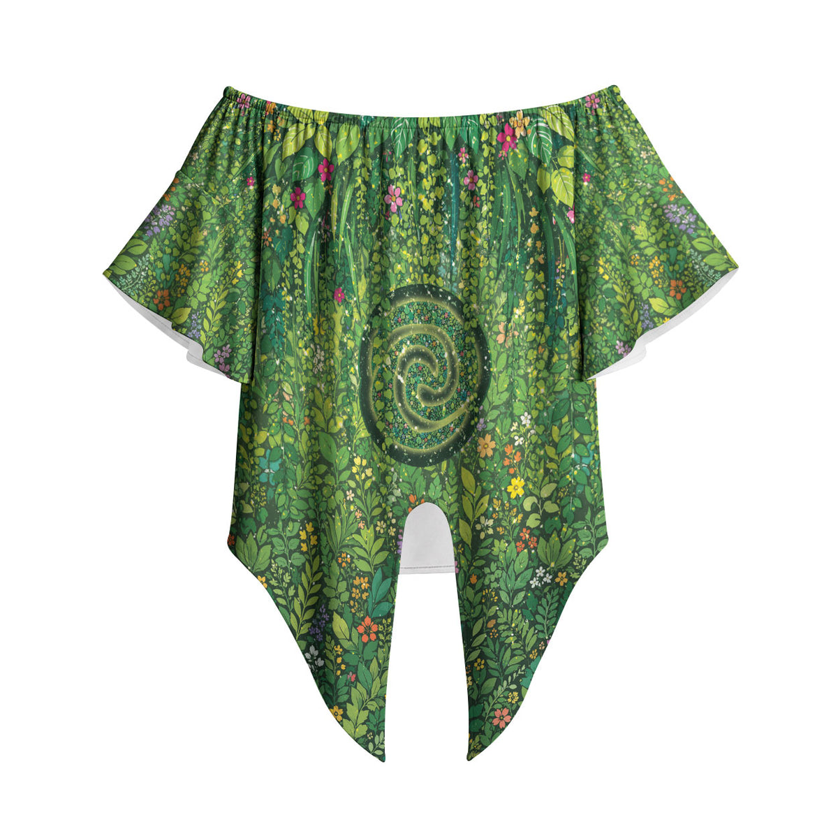 Polynesia Mother Nature Off Shoulder Wrap Waist Top Glowing Heart Spiral Tropical Vine Floral