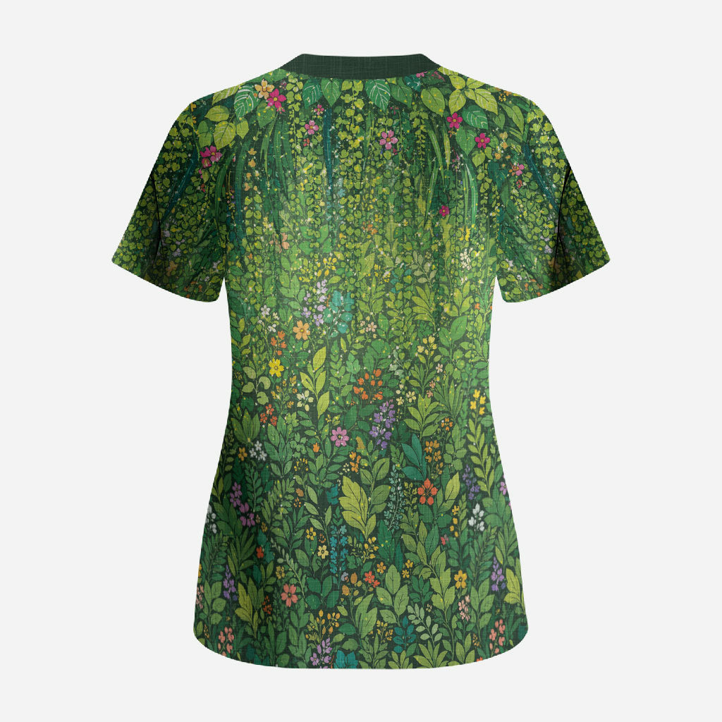Polynesia Mother Nature Scrub Top Glowing Heart Spiral Tropical Vine Floral