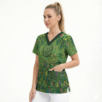 Polynesia Mother Nature Scrub Top Glowing Heart Spiral Tropical Vine Floral