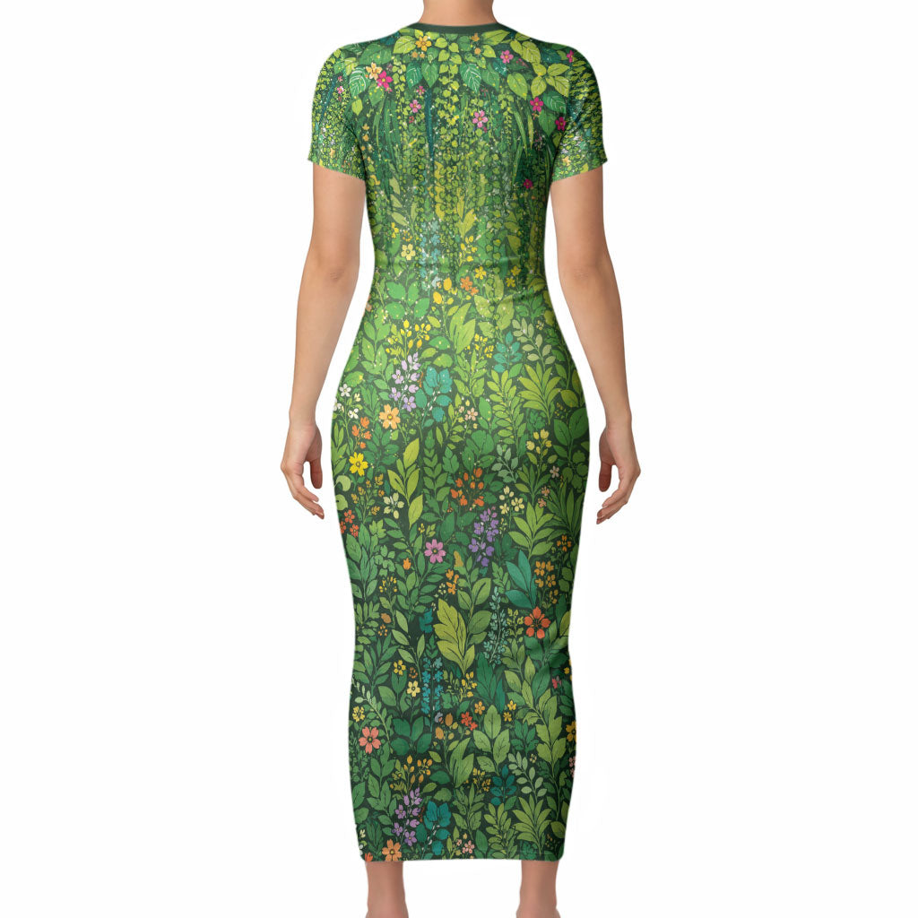 Polynesia Mother Nature Short Sleeve Bodycon Dress Glowing Heart Spiral Tropical Vine Floral