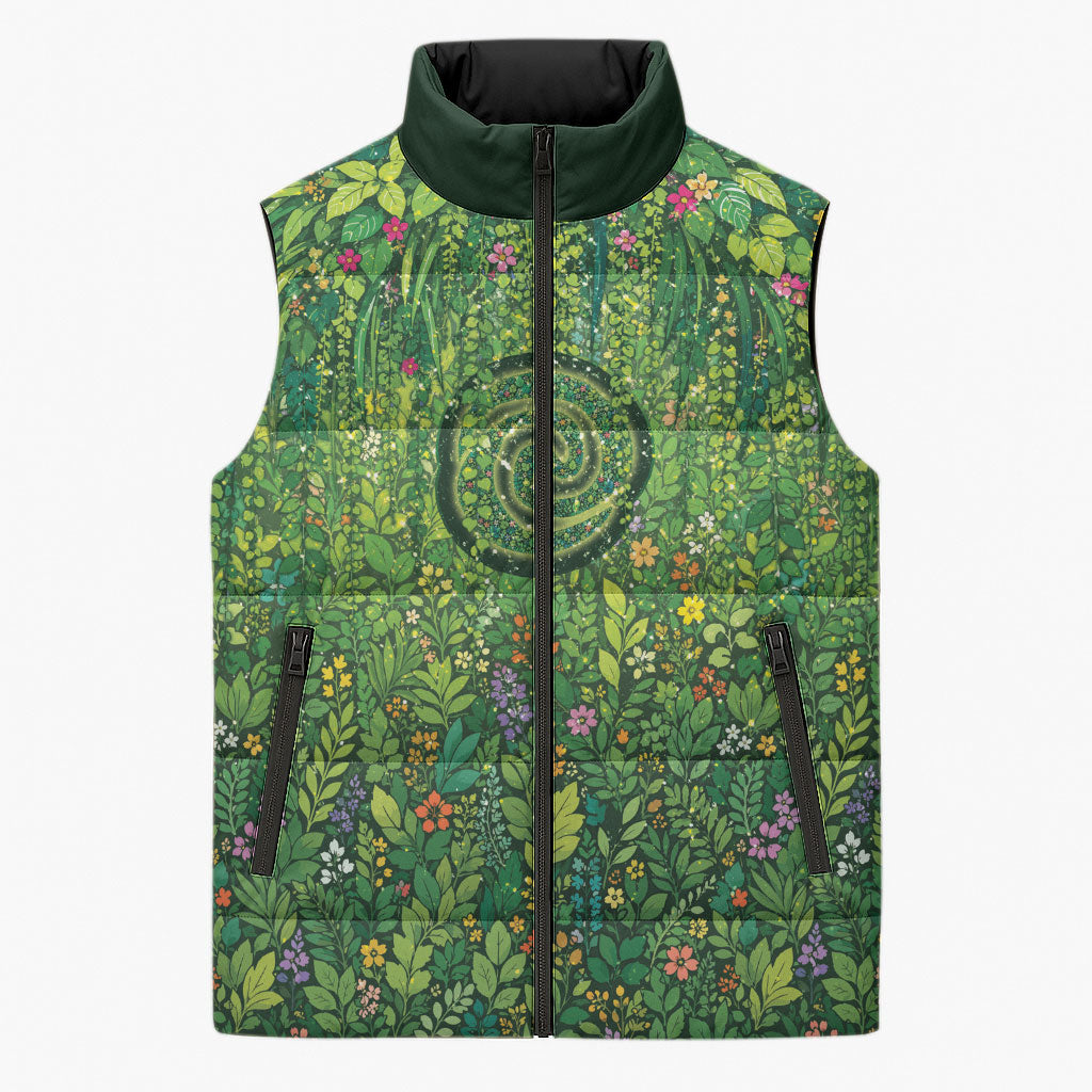 Polynesia Mother Nature Sleeveless Puffer Jacket Glowing Heart Spiral Tropical Vine Floral