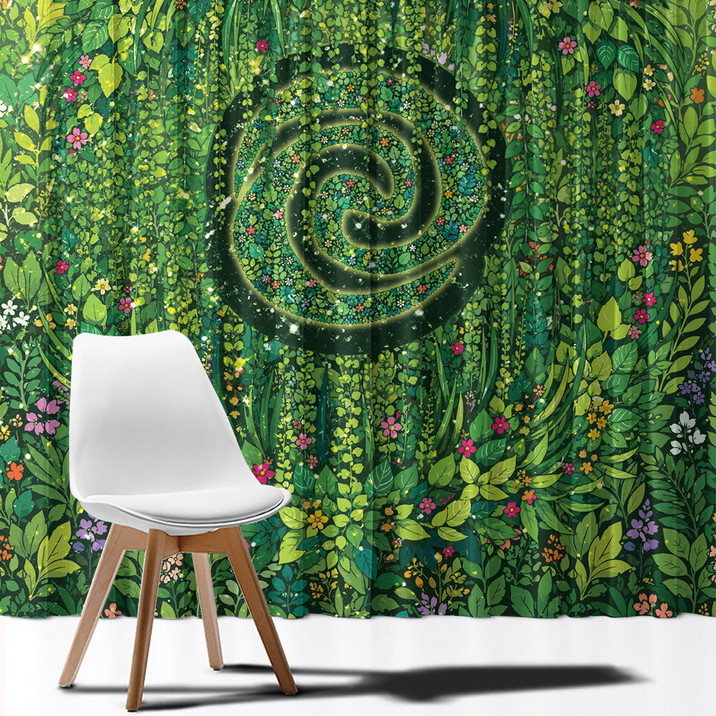 Polynesia Mother Nature Window Curtain Glowing Heart Spiral Tropical Vine Floral