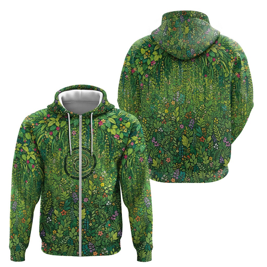 Polynesia Mother Nature Zip Hoodie Glowing Heart Spiral Tropical Vine Floral