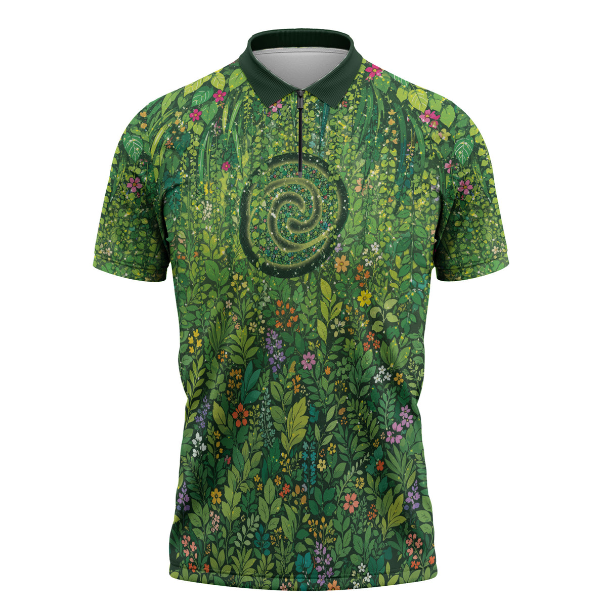 Polynesia Mother Nature Zipper Polo Shirt Glowing Heart Spiral Tropical Vine Floral