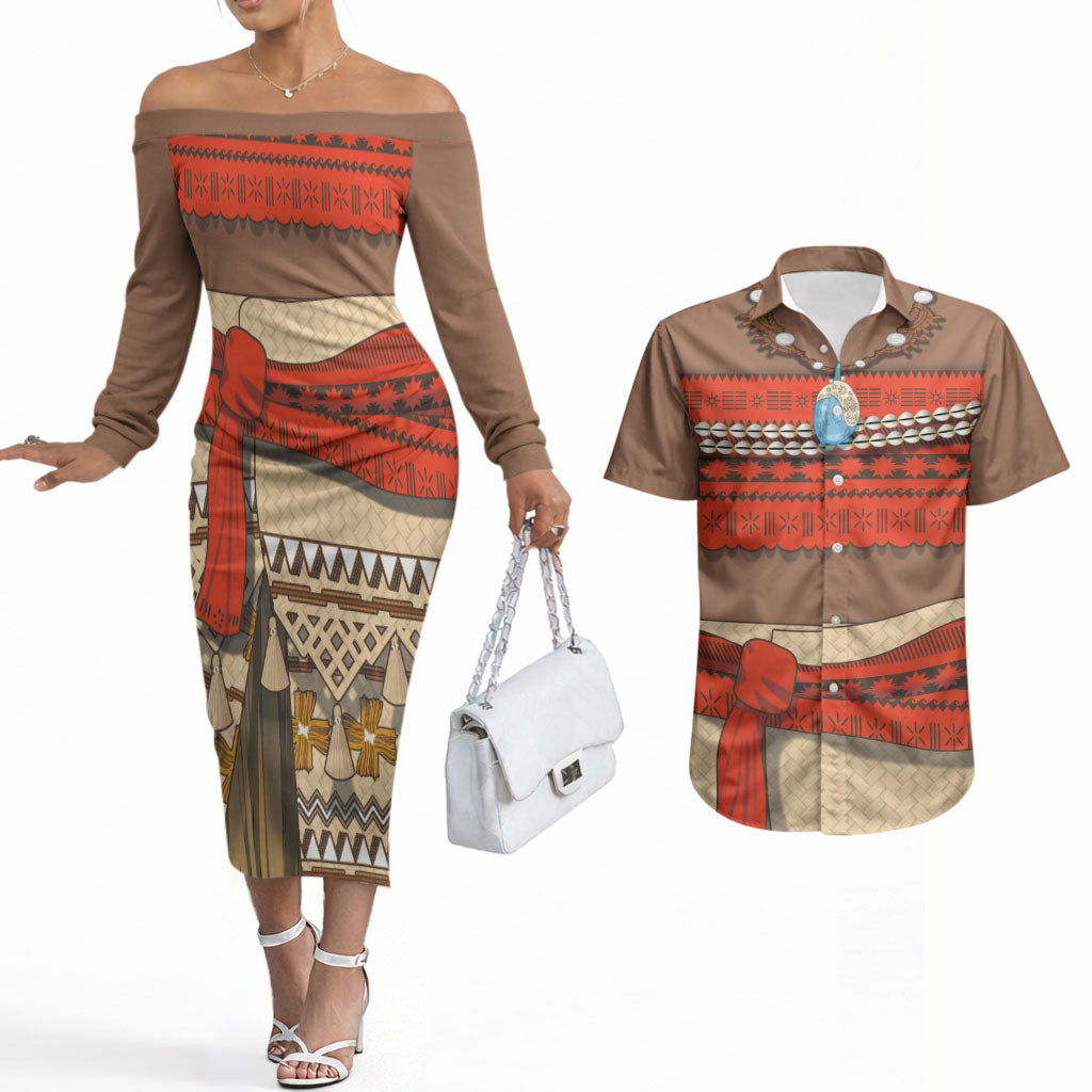 Polynesia Ocean Princess Inspired Cosplay Costume Couples Matching Off The Shoulder Long Sleeve Dress and Hawaiian Shirt