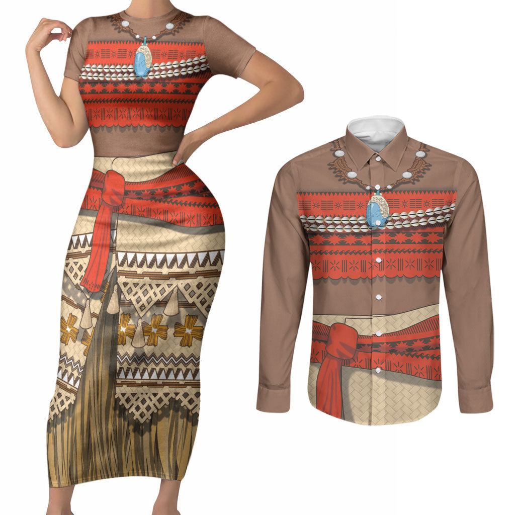Polynesia Ocean Princess Inspired Cosplay Costume Couples Matching Short Sleeve Bodycon Dress and Long Sleeve Button Shirt