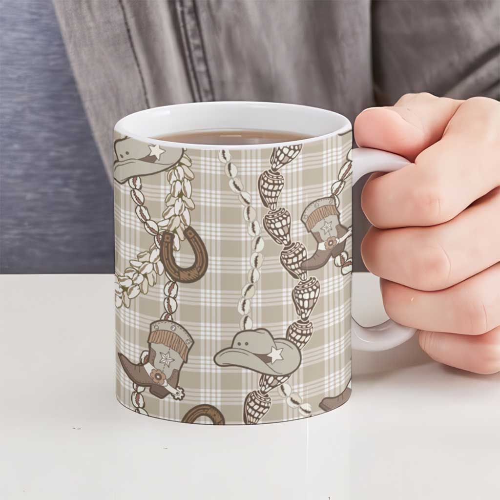 Hawaii Palaka Cowboy Ceramic Mug Shell Maile Lei With Western Patterns - Polynesian Pride