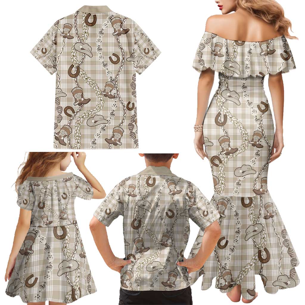 Hawaii Palaka Cowboy Family Matching Mermaid Dress and Hawaiian Shirt Shell Maile Lei With Western Patterns - Polynesian Pride