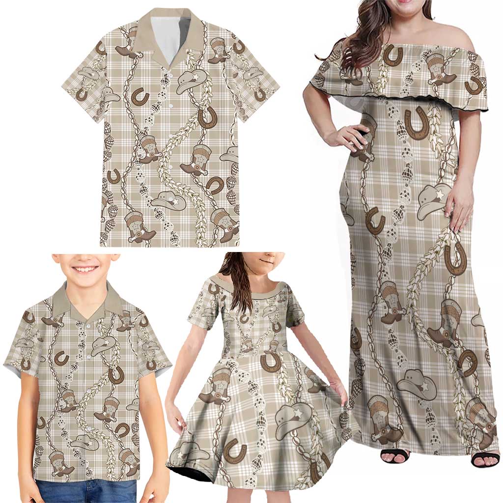 Hawaii Palaka Cowboy Family Matching Off Shoulder Maxi Dress and Hawaiian Shirt Shell Maile Lei With Western Patterns - Polynesian Pride