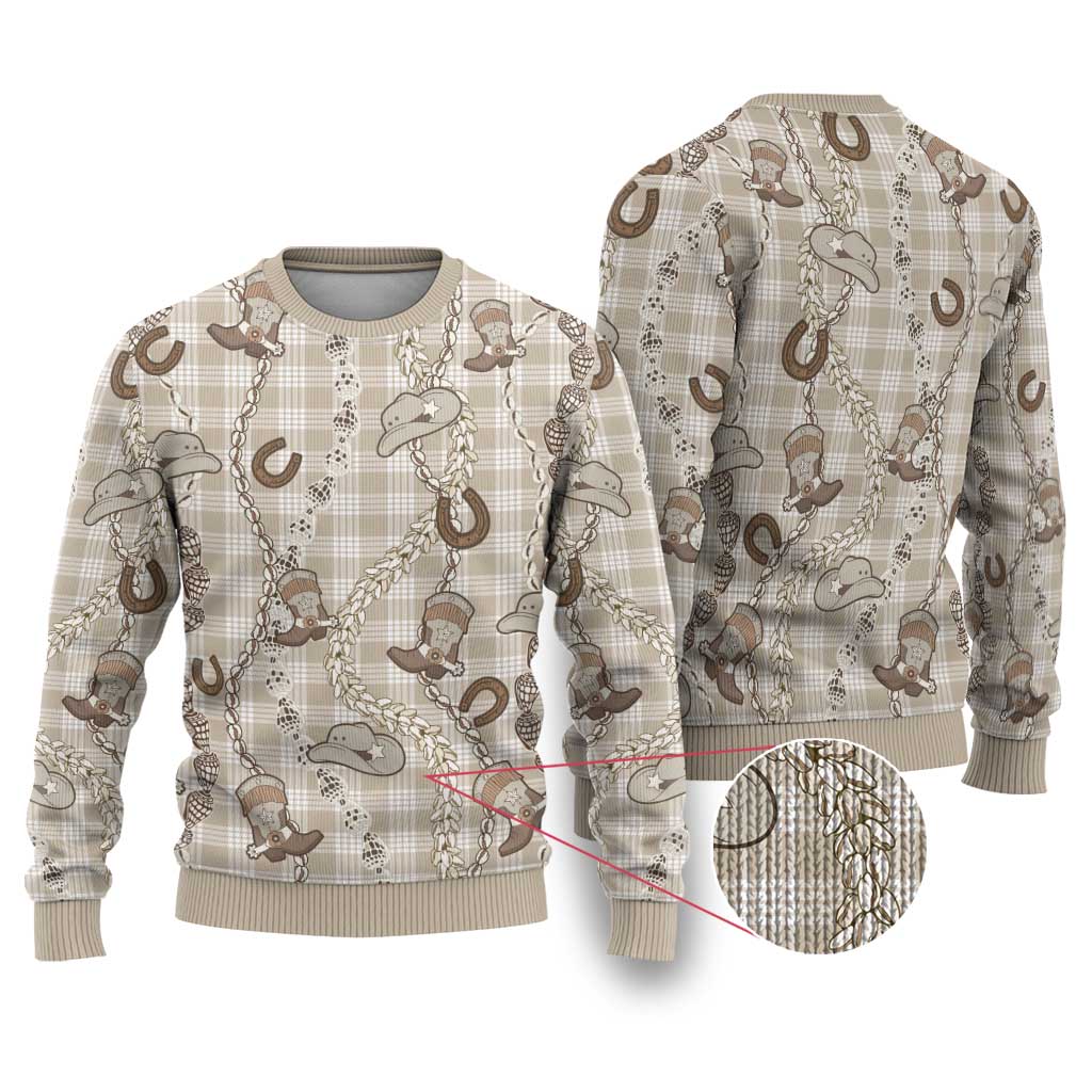 Hawaii Palaka Cowboy Ugly Christmas Sweater Shell Maile Lei With Western Patterns - Polynesian Pride