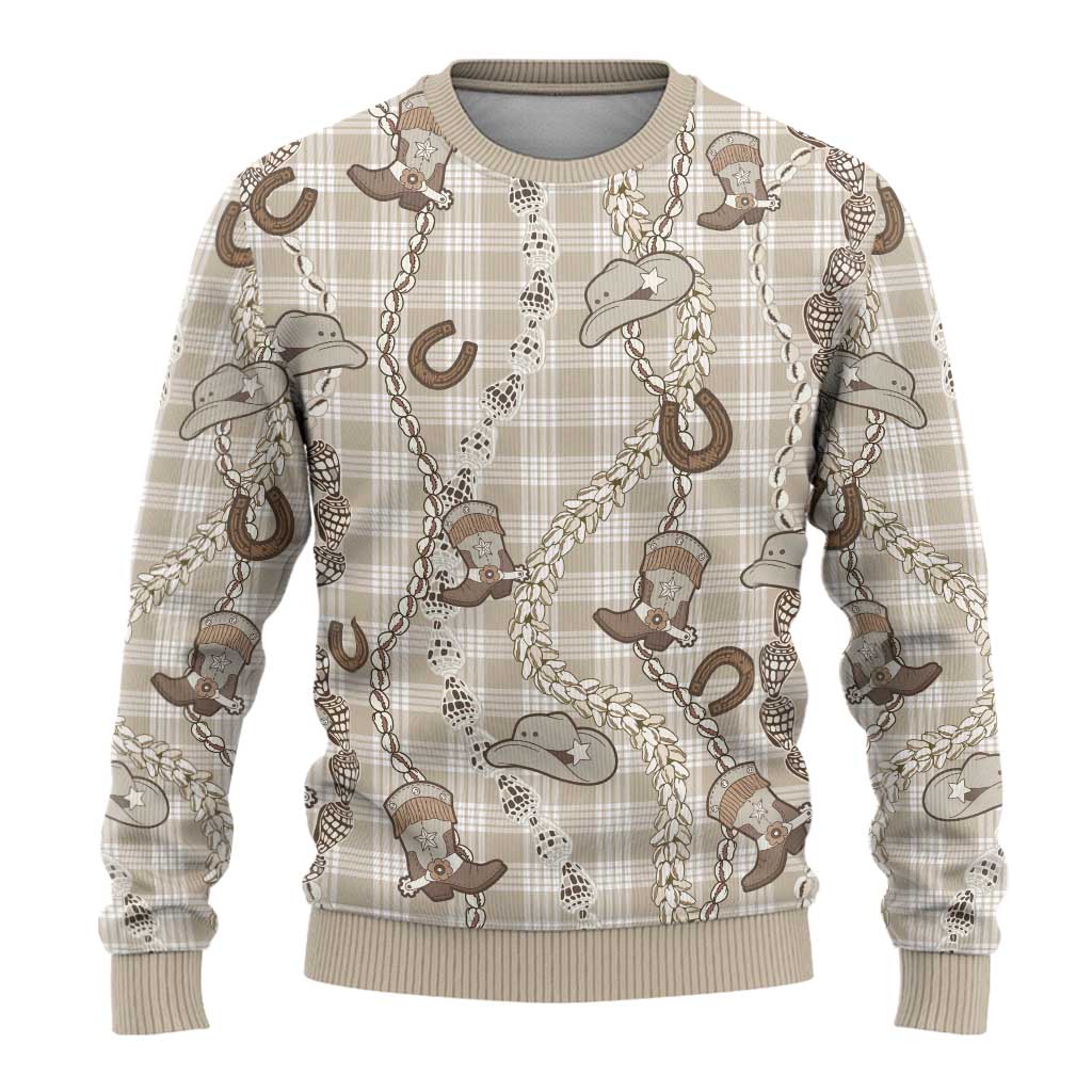 Hawaii Palaka Cowboy Ugly Christmas Sweater Shell Maile Lei With Western Patterns - Polynesian Pride