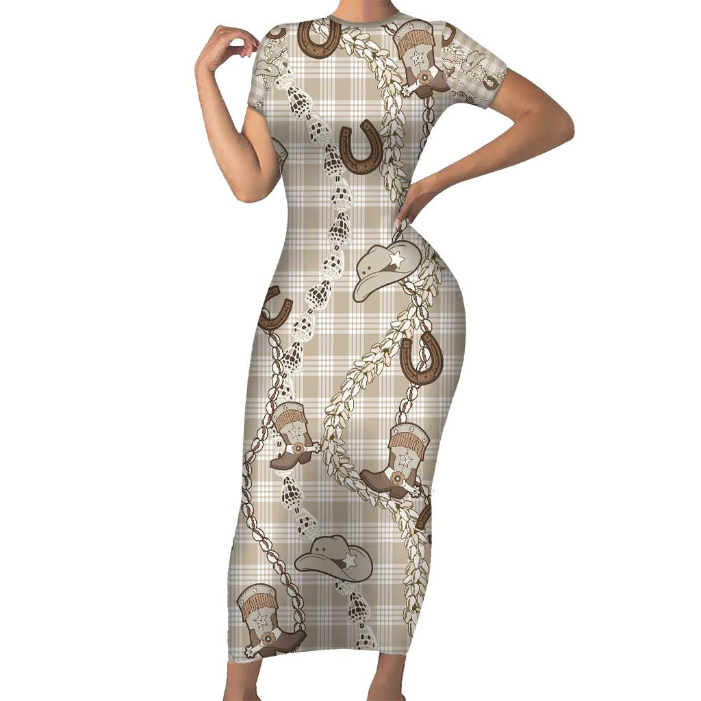 Hawaii Palaka Cowboy Short Sleeve Bodycon Dress Shell Maile Lei With Western Patterns - Polynesian Pride