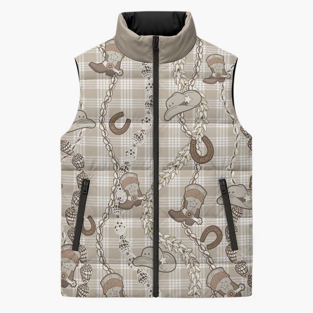 Hawaii Palaka Cowboy Sleeveless Puffer Jacket Shell Maile Lei With Western Patterns - Polynesian Pride