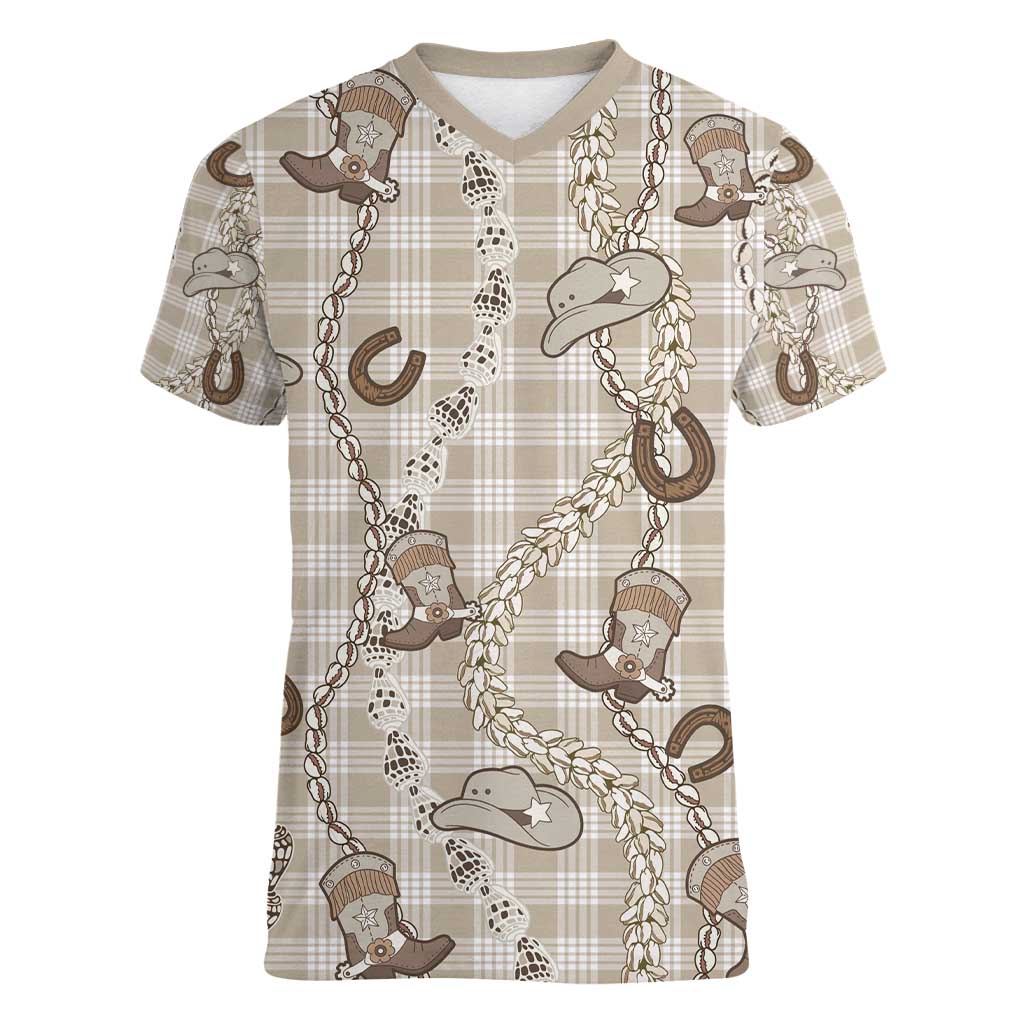 Hawaii Palaka Cowboy Women V-Neck T-Shirt Shell Maile Lei With Western Patterns - Polynesian Pride