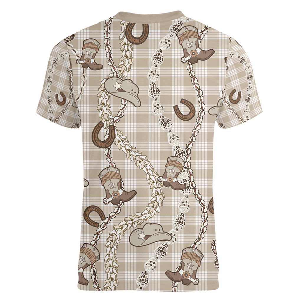 Hawaii Palaka Cowboy Women V-Neck T-Shirt Shell Maile Lei With Western Patterns - Polynesian Pride
