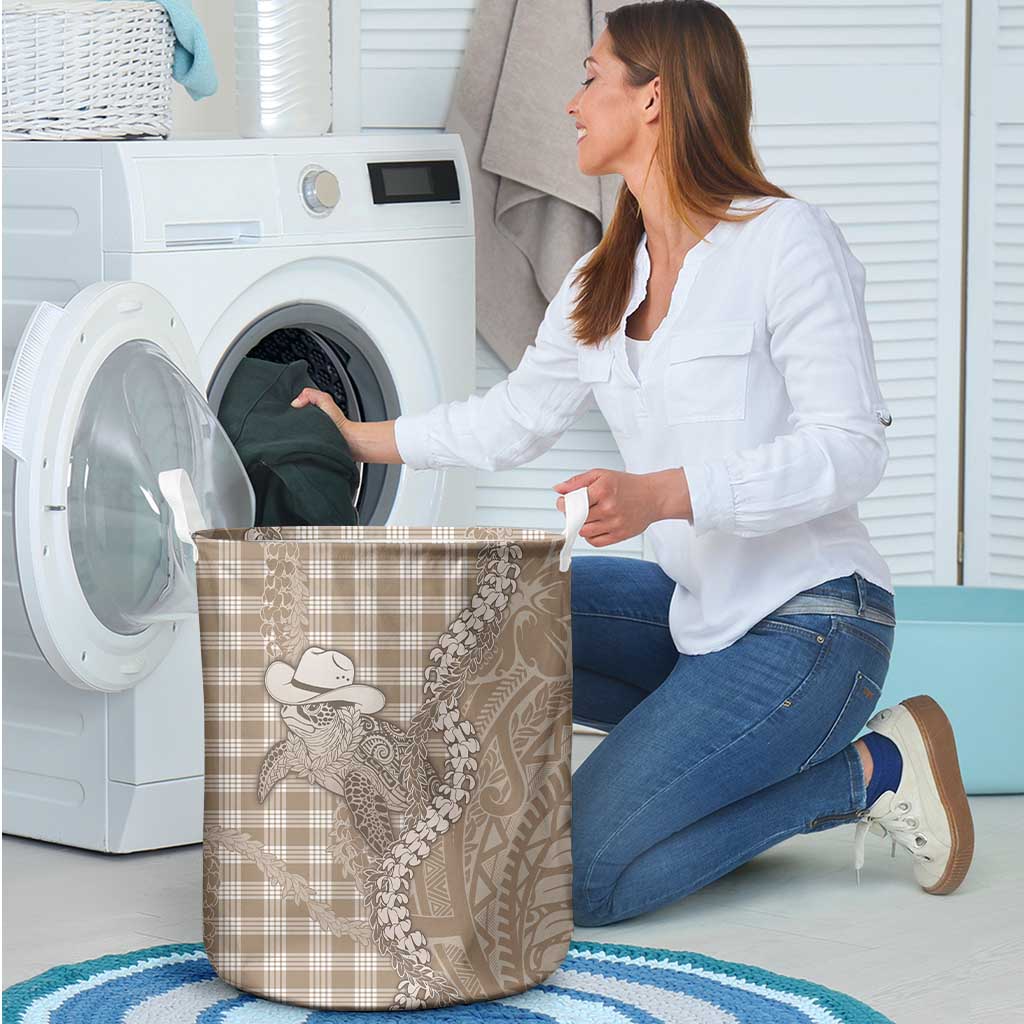 Beige Hawaii Palaka Cowboy Turtle Laundry Basket Hawaiian Paniolo Puakenikeni Maile Lei - Polynesian Pride