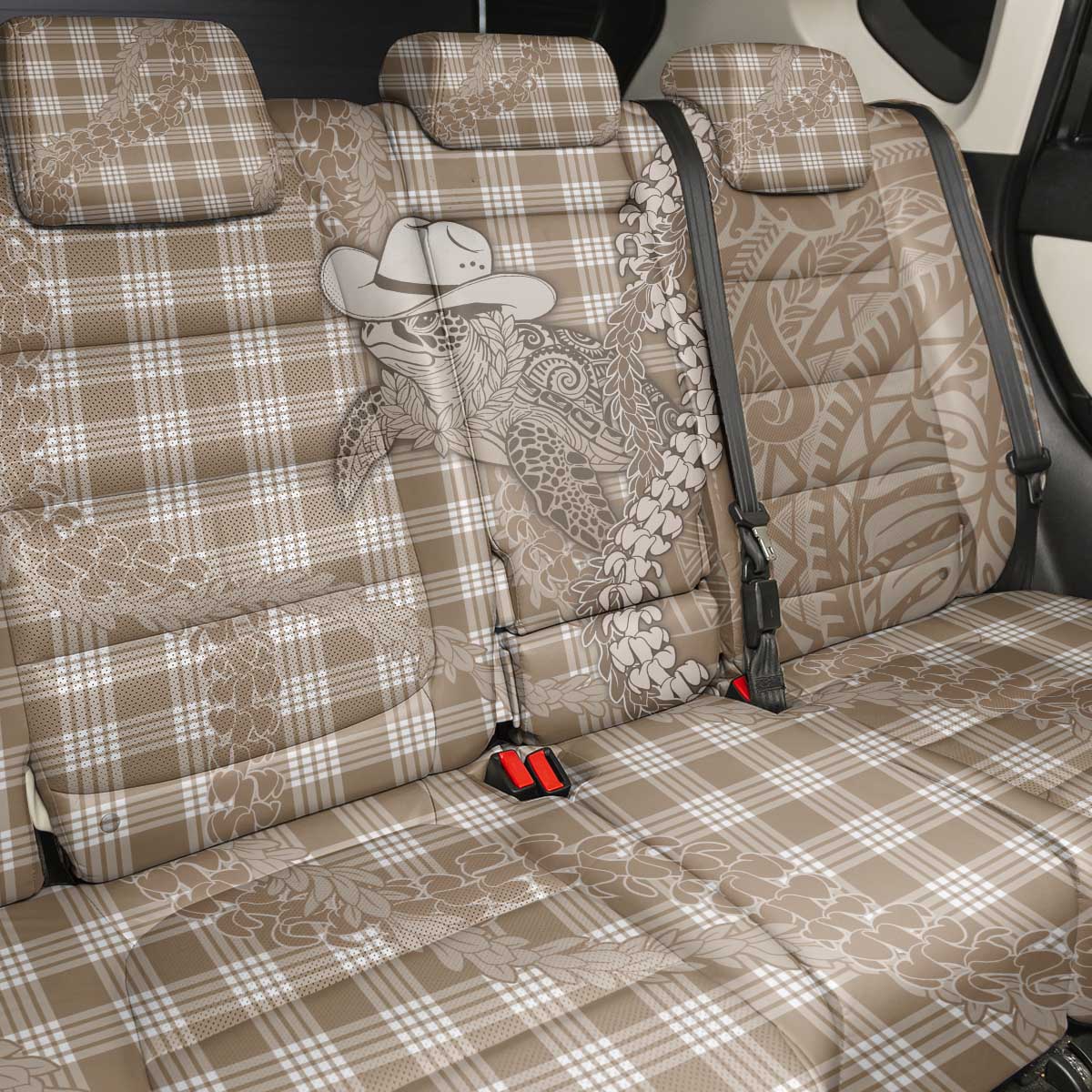 Beige Hawaii Palaka Cowboy Turtle Back Car Seat Cover Hawaiian Paniolo Puakenikeni Maile Lei - Polynesian Pride