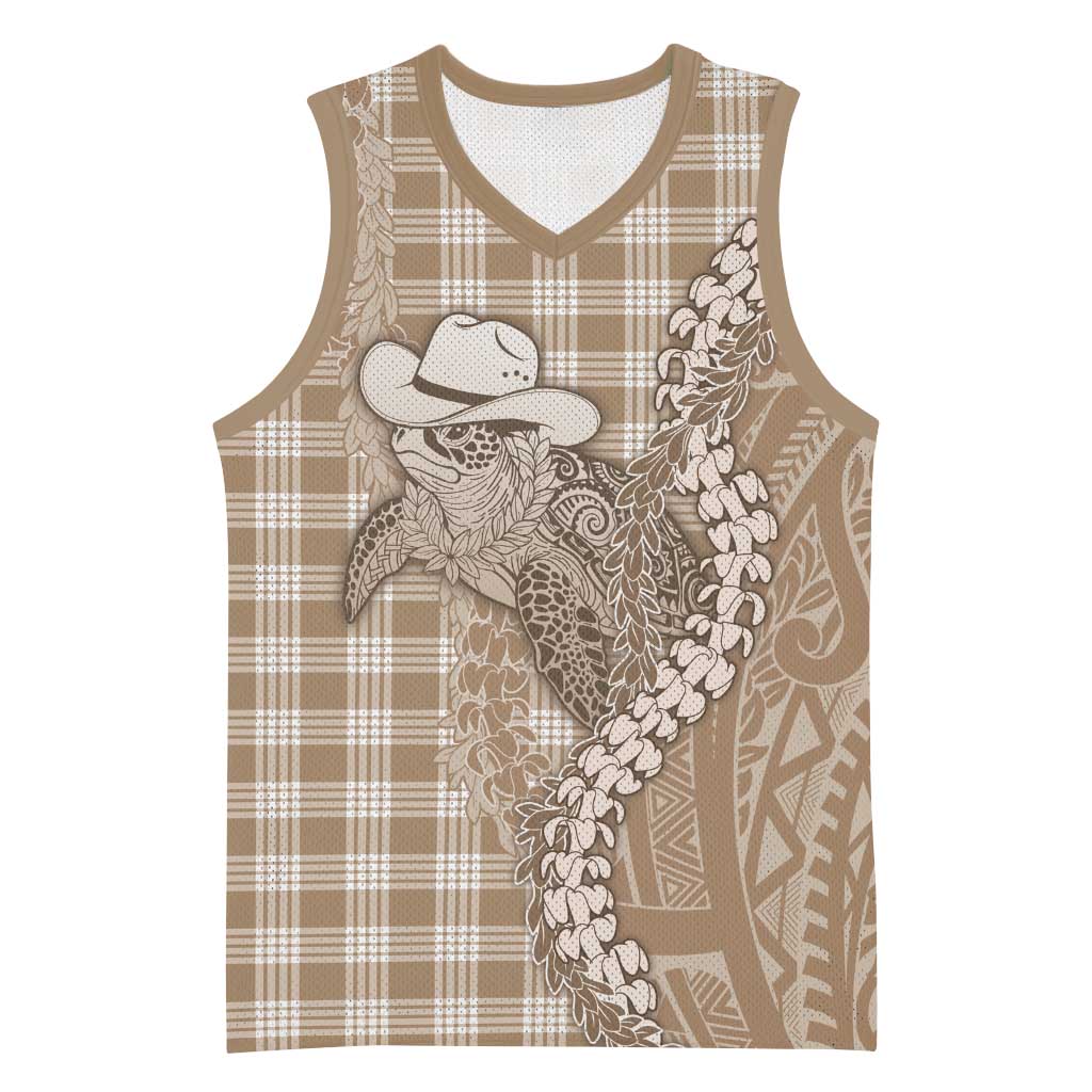 Beige Hawaii Palaka Cowboy Turtle Basketball Jersey Hawaiian Paniolo Puakenikeni Maile Lei - Polynesian Pride