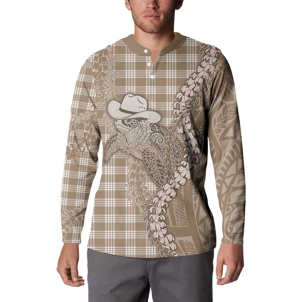 Beige Hawaii Palaka Cowboy Turtle Button Sweatshirt Hawaiian Paniolo Puakenikeni Maile Lei - Polynesian Pride