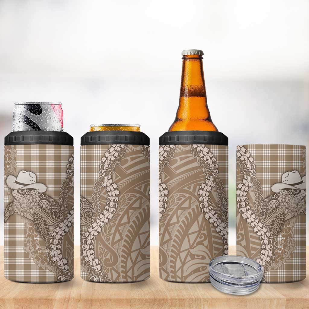 Beige Hawaii Palaka Cowboy Turtle 4 in 1 Can Cooler Tumbler Hawaiian Paniolo Puakenikeni Maile Lei - Polynesian Pride