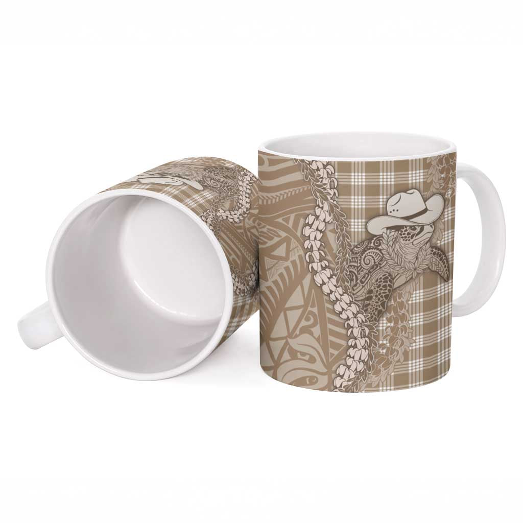 Beige Hawaii Palaka Cowboy Turtle Ceramic Mug Hawaiian Paniolo Puakenikeni Maile Lei - Polynesian Pride