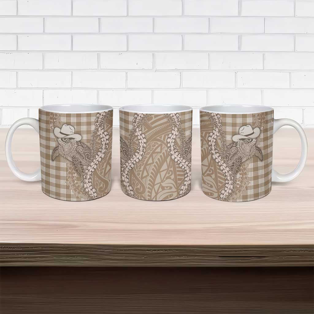Beige Hawaii Palaka Cowboy Turtle Ceramic Mug Hawaiian Paniolo Puakenikeni Maile Lei - Polynesian Pride