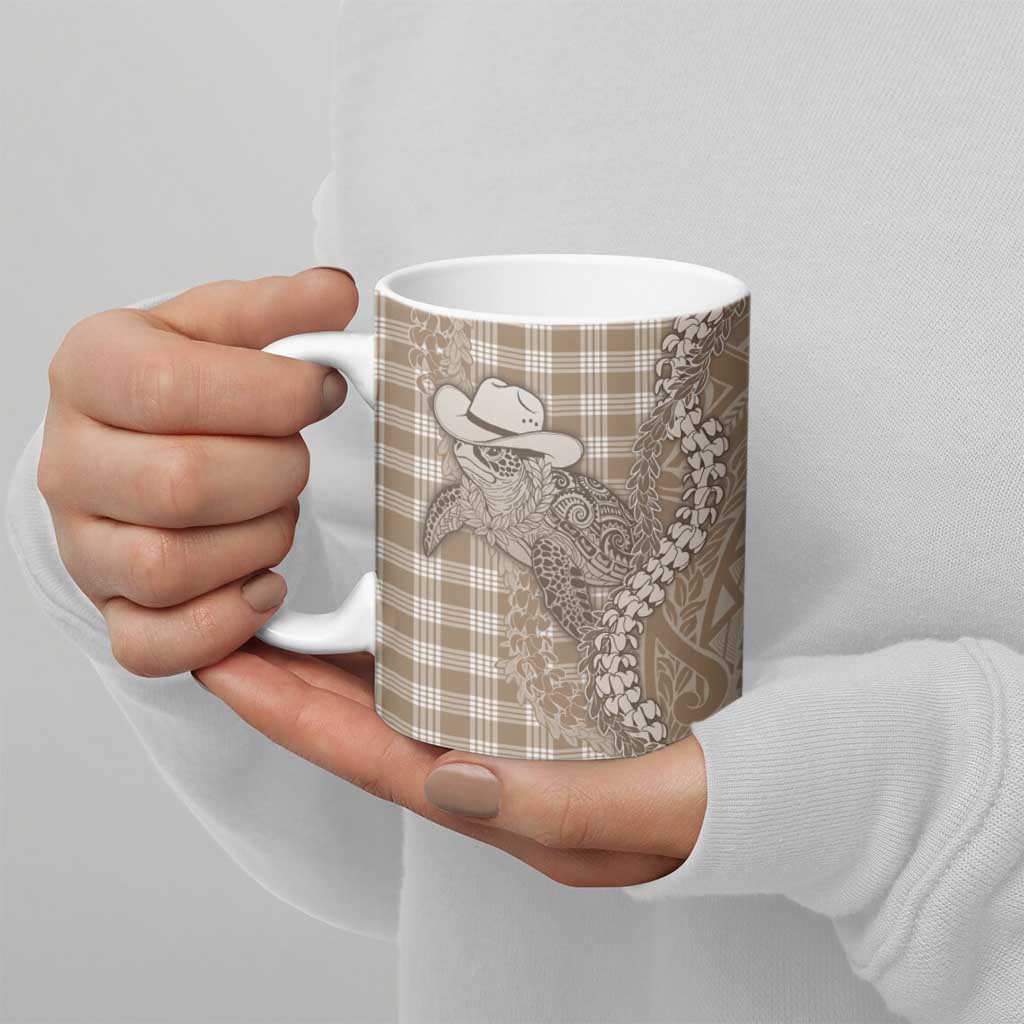 Beige Hawaii Palaka Cowboy Turtle Ceramic Mug Hawaiian Paniolo Puakenikeni Maile Lei - Polynesian Pride
