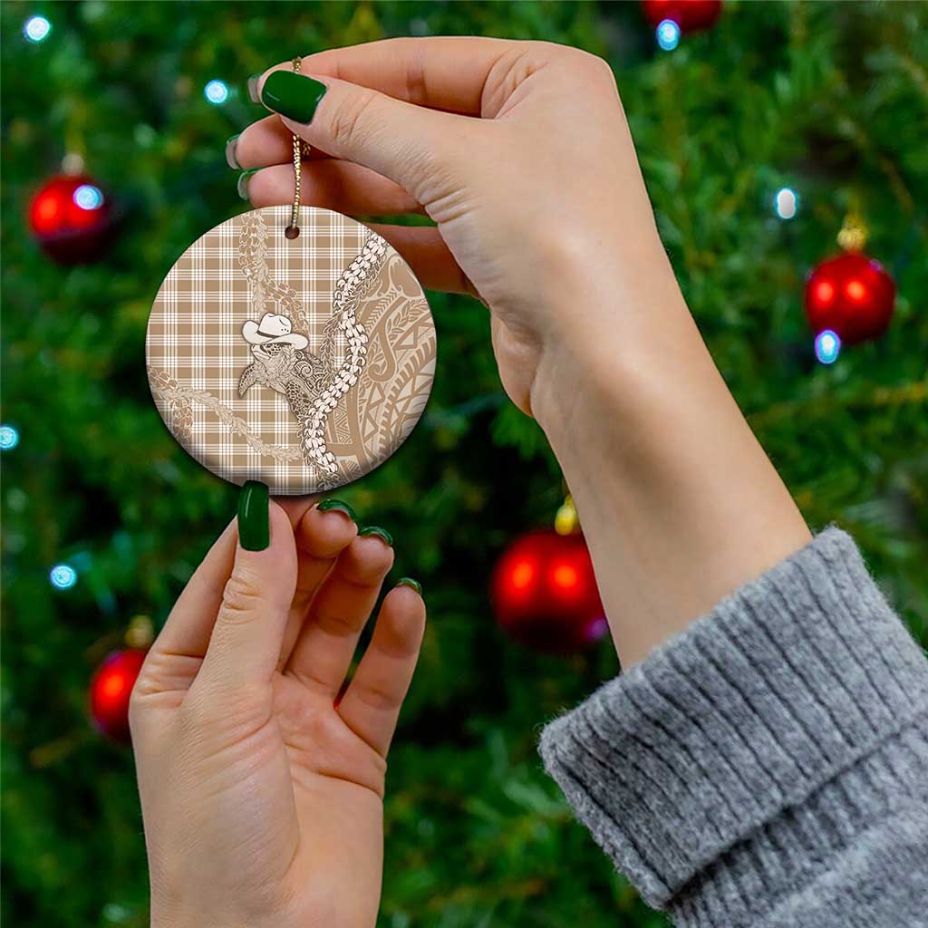 Beige Hawaii Palaka Cowboy Turtle Ceramic Ornament Hawaiian Paniolo Puakenikeni Maile Lei - Polynesian Pride