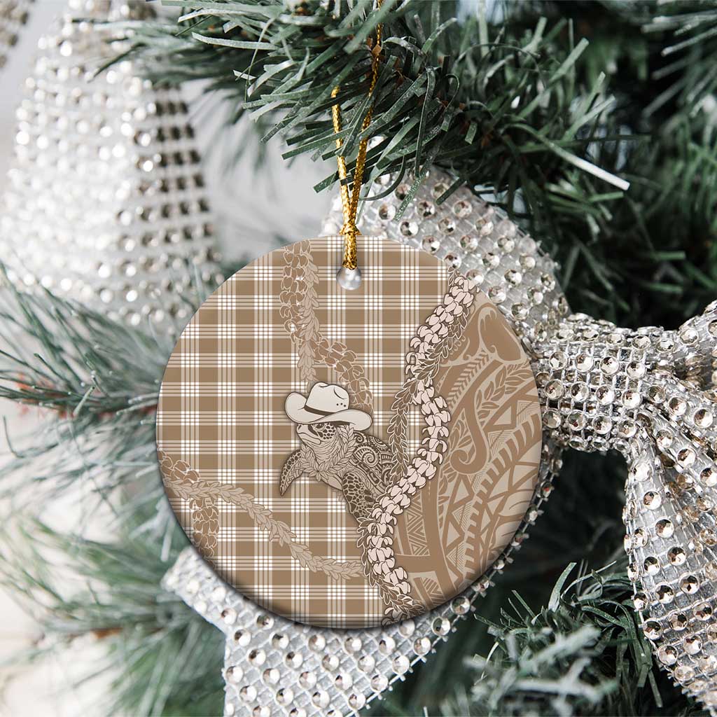 Beige Hawaii Palaka Cowboy Turtle Ceramic Ornament Hawaiian Paniolo Puakenikeni Maile Lei - Polynesian Pride
