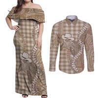 Beige Hawaii Palaka Cowboy Turtle Couples Matching Off Shoulder Maxi Dress and Long Sleeve Button Shirt Hawaiian Paniolo Puakenikeni Maile Lei - Polynesian Pride